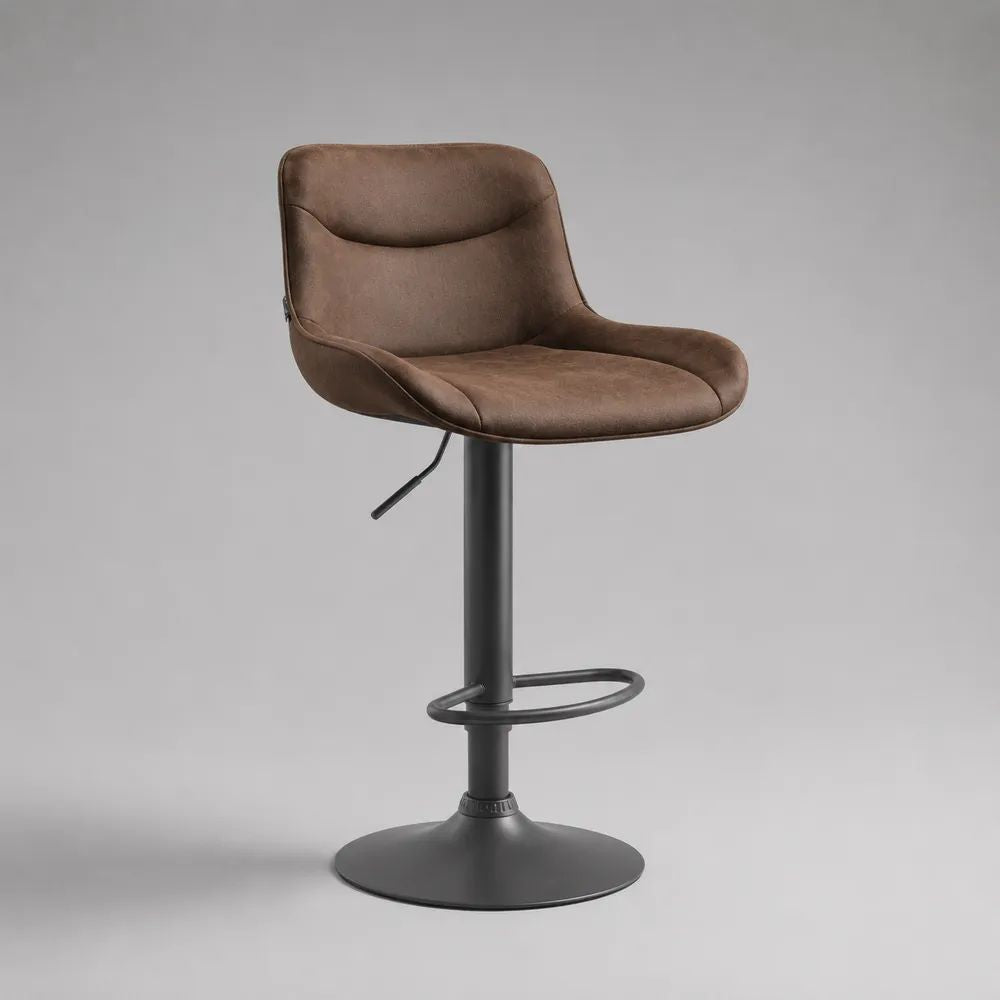 Höhenverstellbarer Barhocker mit Rückenlehne aus brauner Polyester-Mikrofaser und schwarzem Stahl, 52 × 49 × 85–106 cm
