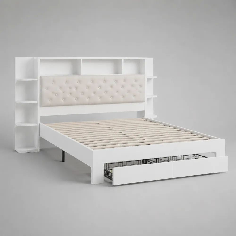 Stauraumbett 140 × 200 cm aus MDF in Weiß/Creme mit Regal-Kopfteil, Lattenrost und 2 Schubladen