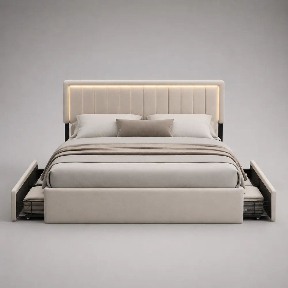 Stauraumbett 180 x 200 cm mit Stoffbezug, 2 Schubladen und LED-Kopfteil, Creme/Schwarz, Gesamtmaß 218 x 198 x 120 cm