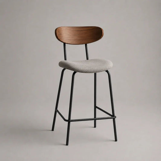 Barhocker mit Rückenlehne, Stoffbezug, Holz und Metall, Beige/Braun/Schwarz, 48 × 52 × 101 cm