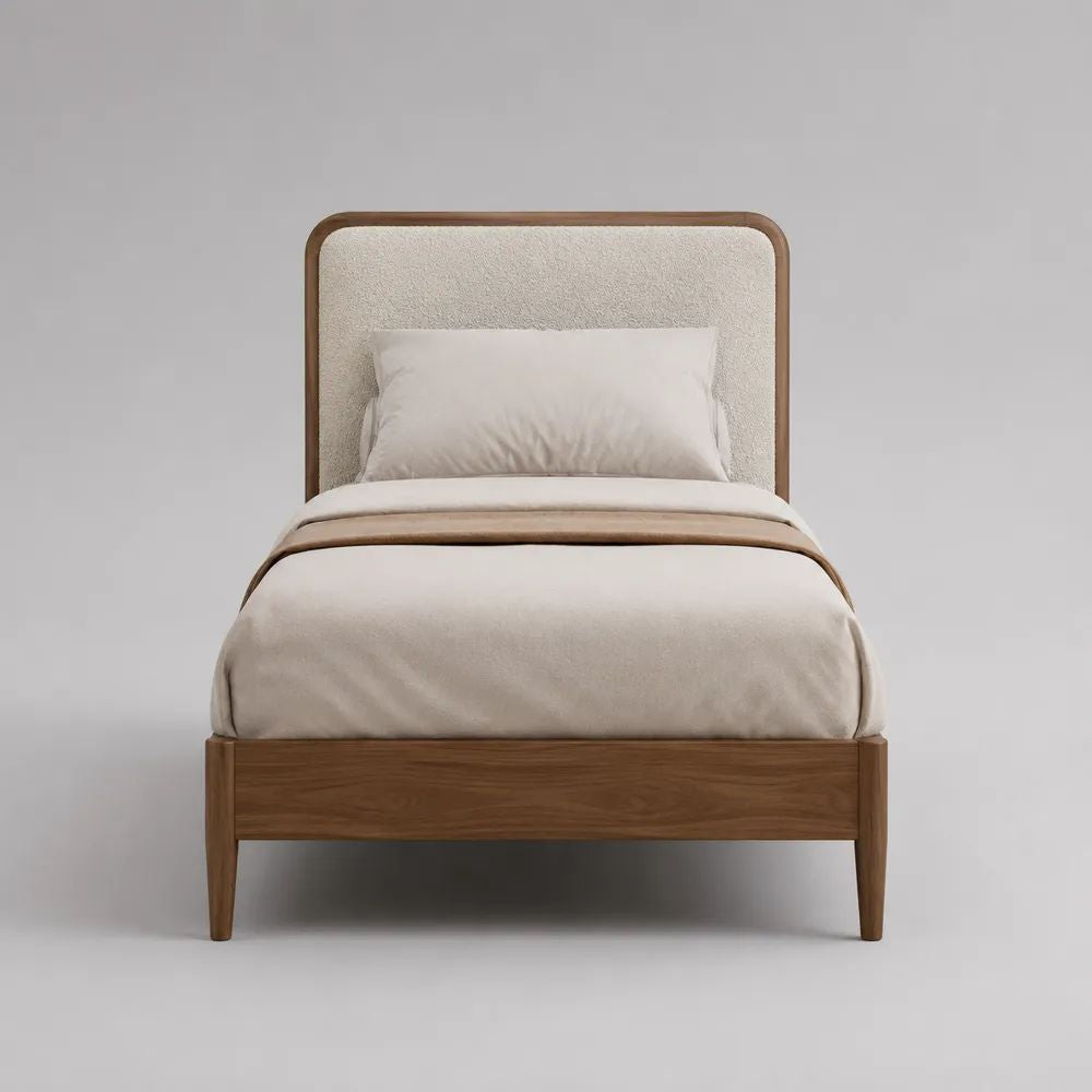 Einzelbett mit Stauraum 90 x 200 cm, Bouclé-Kopfteil, Massivholz und MDF, Creme/Naturbraun
