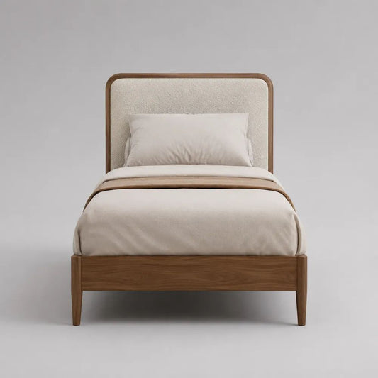 Einzelbett mit Stauraum 90 x 200 cm, Bouclé-Kopfteil, Massivholz und MDF, Creme/Naturbraun