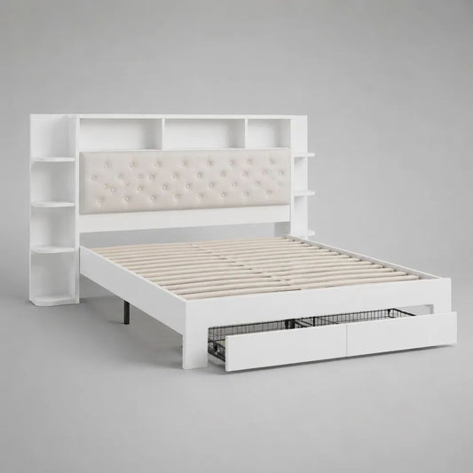 Stauraumbett 140 × 200 cm aus MDF in Weiß/Creme mit Regal-Kopfteil, Lattenrost und 2 Schubladen