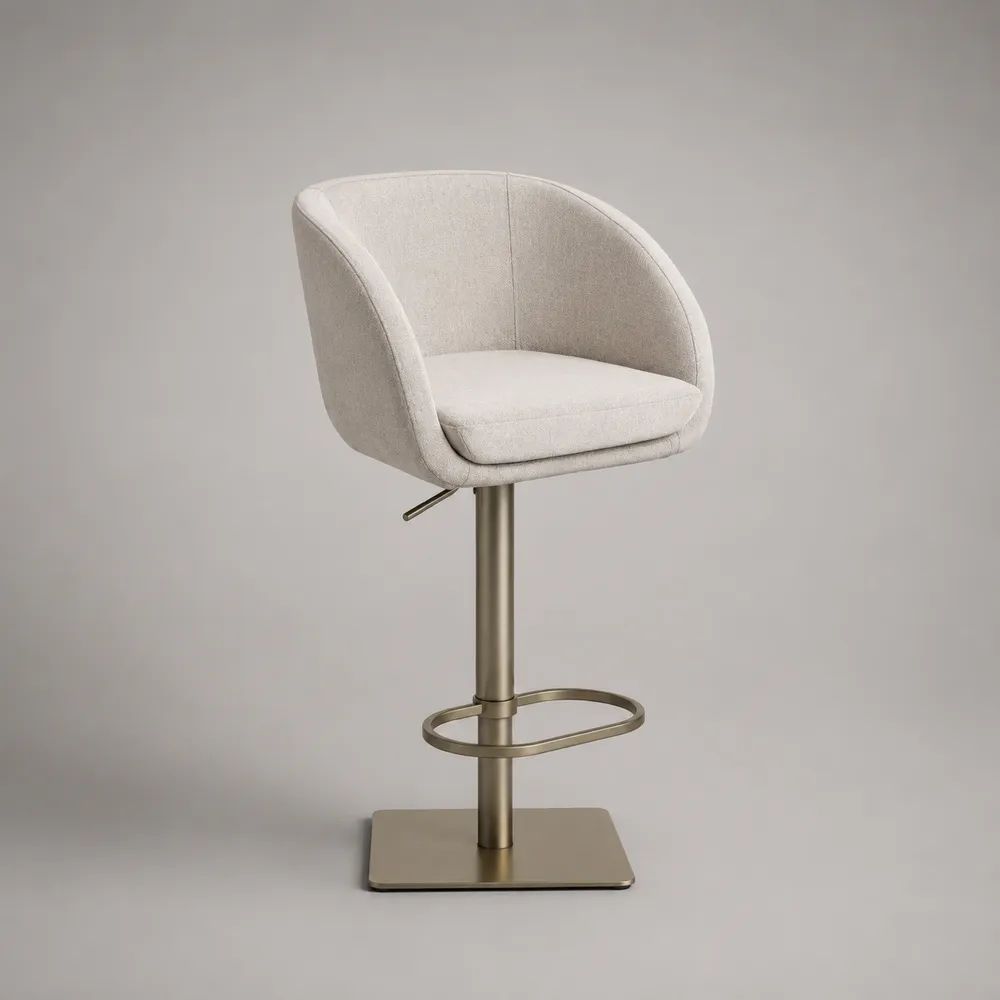 Höhenverstellbarer Barhocker aus Polyester-Bouclé und Stahl, 360° drehbar, mit Rückenlehne, Creme/Champagner, 52 × 50 × 88–109 cm