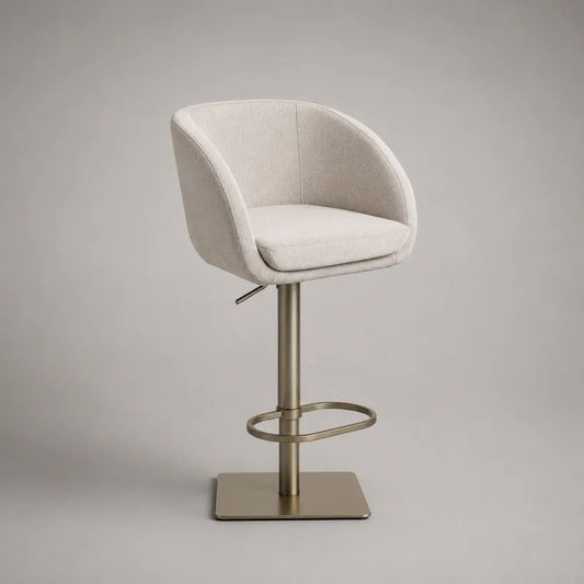 Höhenverstellbarer Barhocker aus Polyester-Bouclé und Stahl, 360° drehbar, mit Rückenlehne, Creme/Champagner, 52 × 50 × 88–109 cm