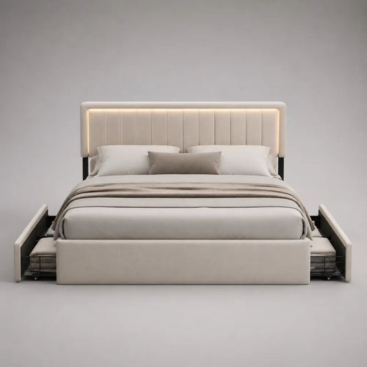 Stauraumbett 180 x 200 cm mit Stoffbezug, 2 Schubladen und LED-Kopfteil, Creme/Schwarz, Gesamtmaß 218 x 198 x 120 cm