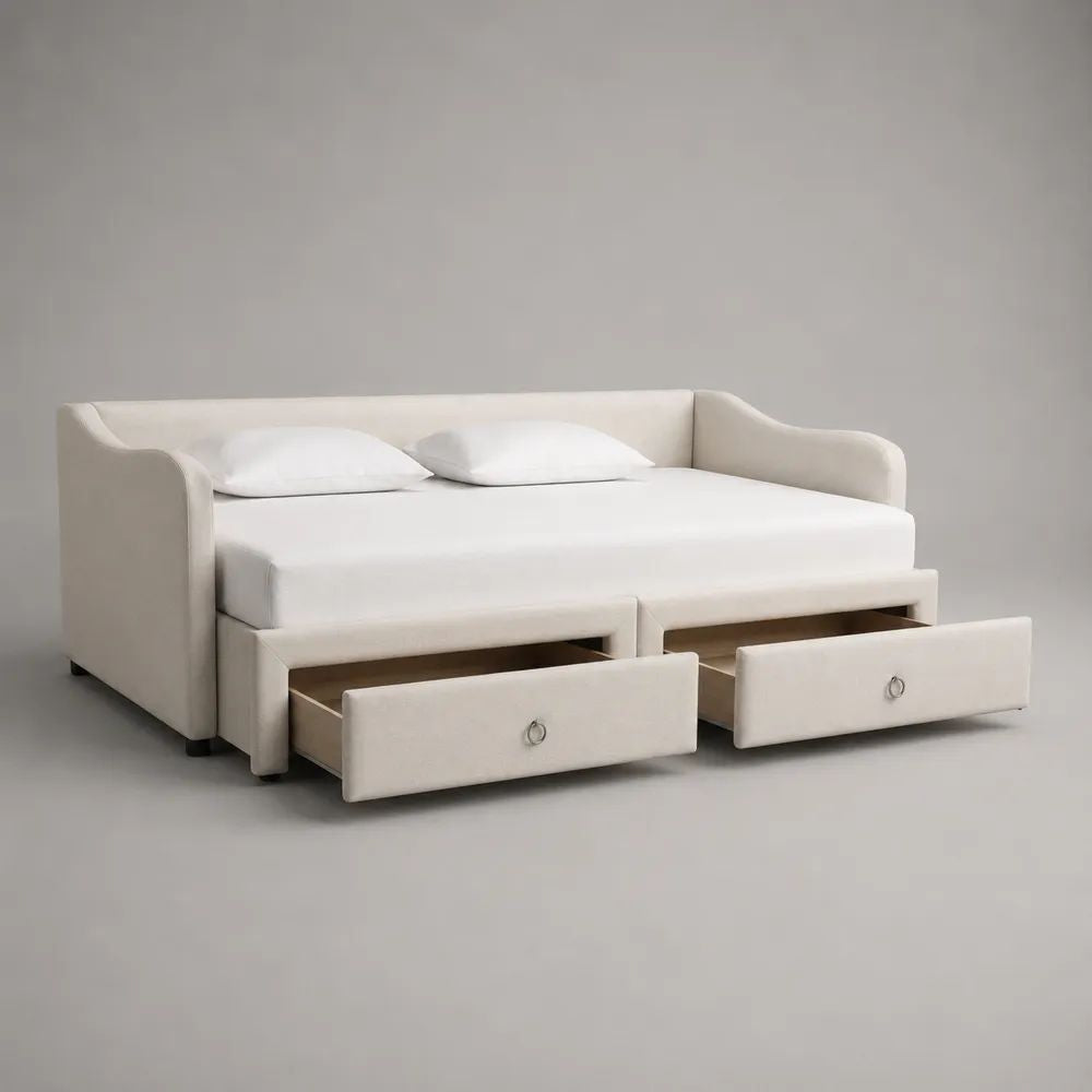 Schlafsofa-Tagesbett mit Matratze, 2 Kissen und 2 Schubladen, Polyester-Mikrofaser, Cremeweiß, 208 x 162 x 86 cm, Liegefläche 160 x 200 cm