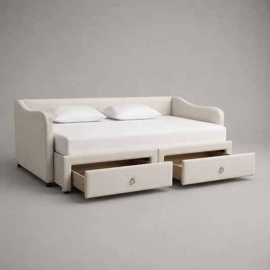 Schlafsofa-Tagesbett mit Matratze, 2 Kissen und 2 Schubladen, Polyester-Mikrofaser, Cremeweiß, 208 x 162 x 86 cm, Liegefläche 160 x 200 cm