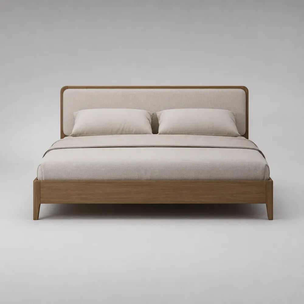 Stauraumbett aus Holz und Stoff mit Lattenrost und gepolstertem Kopfteil, Liegefläche 160 x 200 cm, Walnussbraun/Beige