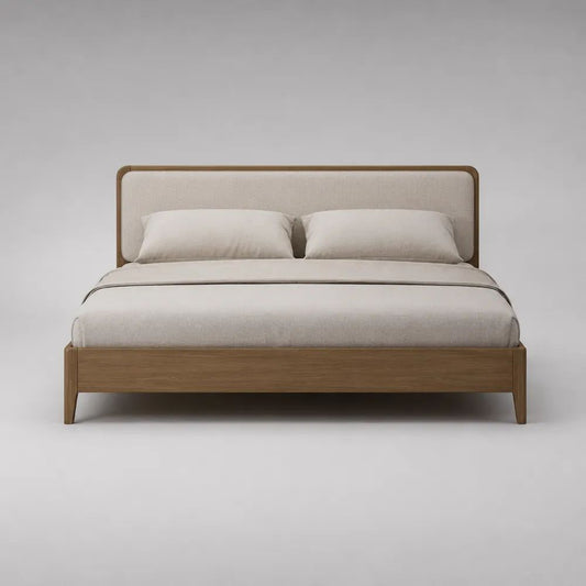 Stauraumbett aus Holz und Stoff mit Lattenrost und gepolstertem Kopfteil, Liegefläche 160 x 200 cm, Walnussbraun/Beige