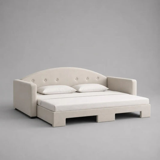 Schlafsofa mit Ausziehbett, Polyesterbezug und Schaumstoffpolsterung, Cremeweiß, 220 × 210 × 85 cm, Liegefläche 160 × 200 cm