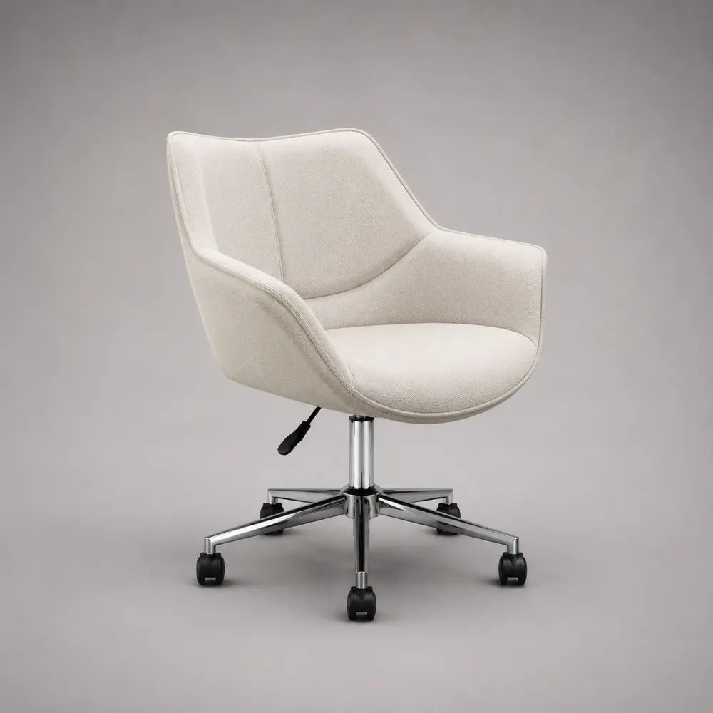 Bürostuhl Drehstuhl mit Armlehnen, Polyester-Strukturstoff und verchromtem Stahl, höhenverstellbar, Creme, 61 × 60 × 80–90 cm