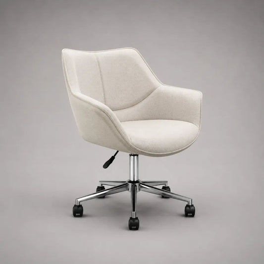 Bürostuhl Drehstuhl mit Armlehnen, Polyester-Strukturstoff und verchromtem Stahl, höhenverstellbar, Creme, 61 × 60 × 80–90 cm