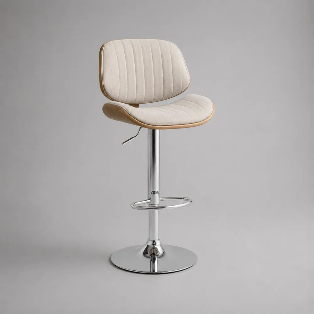 Höhenverstellbarer Barhocker mit Rückenlehne, Stoffbezug, Holzschale und Stahlgestell, drehbar, Creme/Hellbraun/Silber, 50 × 52 × 89–110 cm