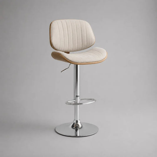 Höhenverstellbarer Barhocker mit Rückenlehne, Stoffbezug, Holzschale und Stahlgestell, drehbar, Creme/Hellbraun/Silber, 50 × 52 × 89–110 cm