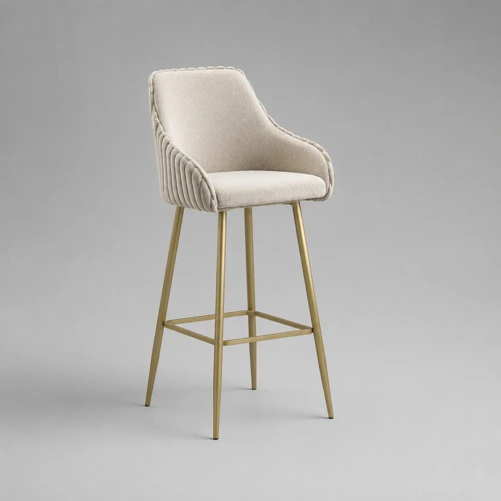 Barhocker mit Rückenlehne und Armlehnen, Polyester-Bouclé und Stahlgestell, Creme/Goldfarben, 55 × 57 × 108 cm